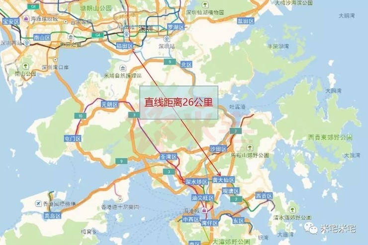 福田區(qū)與黃大仙區(qū)直線距離26公里