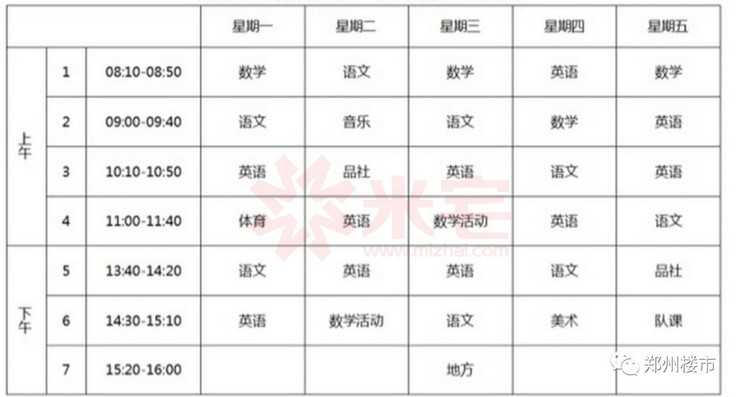 某小學國際班一年級課程表