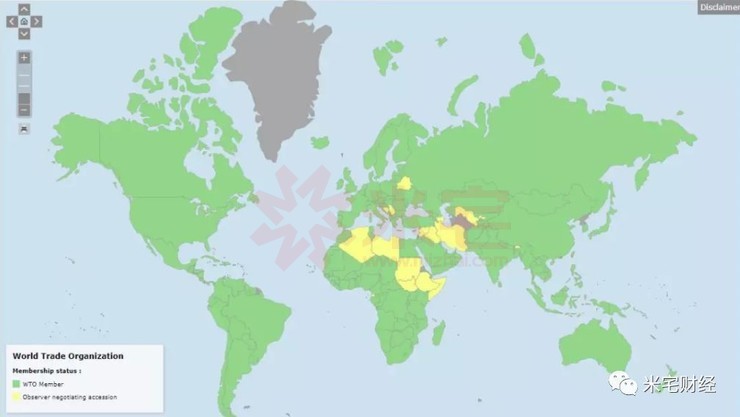 绿色部分为目前wto成员国 由于美国体量巨大,与世界各国都有广泛联系