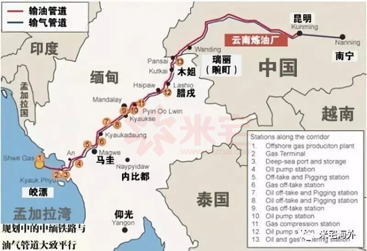 图为中缅铁路及输油输气管道线路图