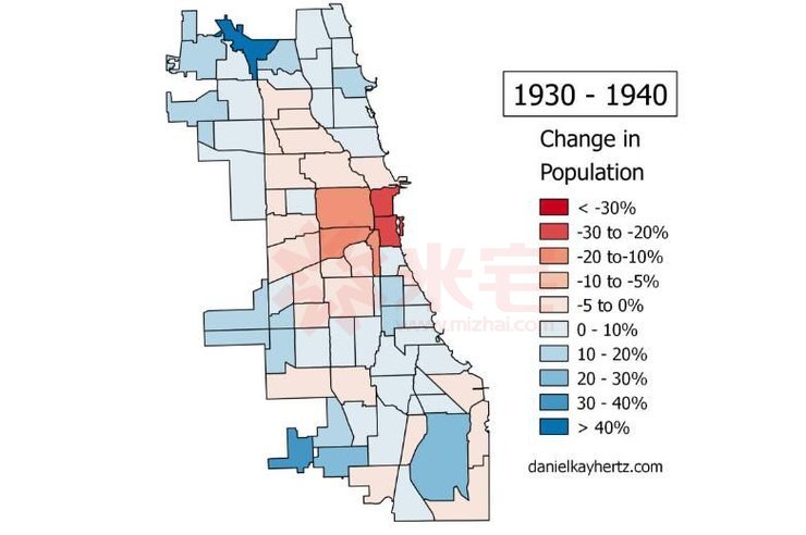 深蓝色区域是人口增长最快的区域,芝加哥老城卢普区人口下降超过30%