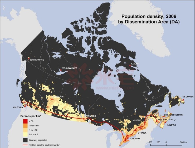 2006年加拿大人口密度图,黑色代表没有人口密度的地方