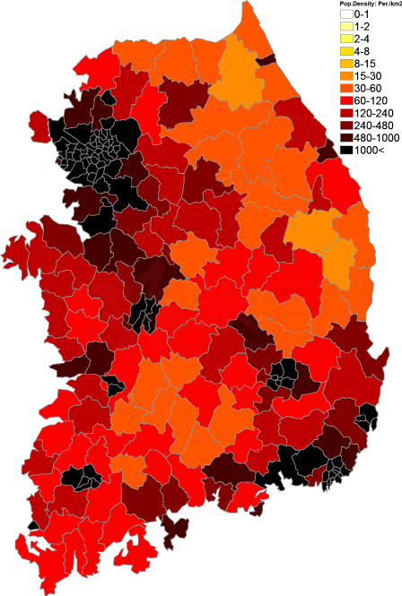 韩国人口分布(颜色越深人越多)