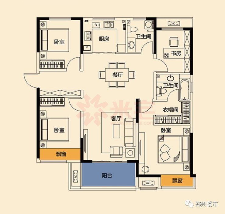三开间朝南,是一个还不错的高层四房户型.