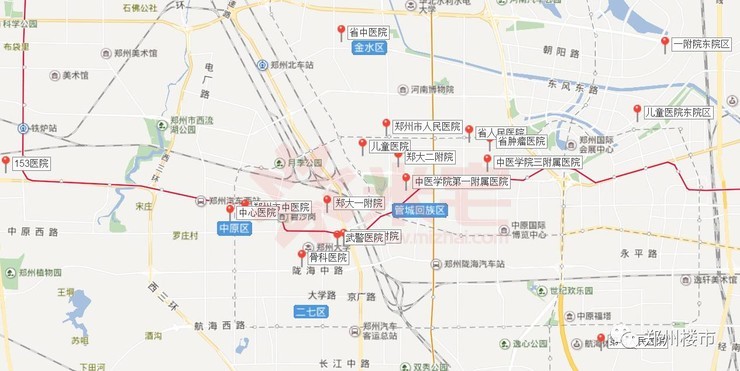 先看一张图,是郑州目前三甲医院的分布.
