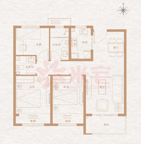 市场上常见的90平小三房,基本上都是单卫,但是融信江湾城的90平户型